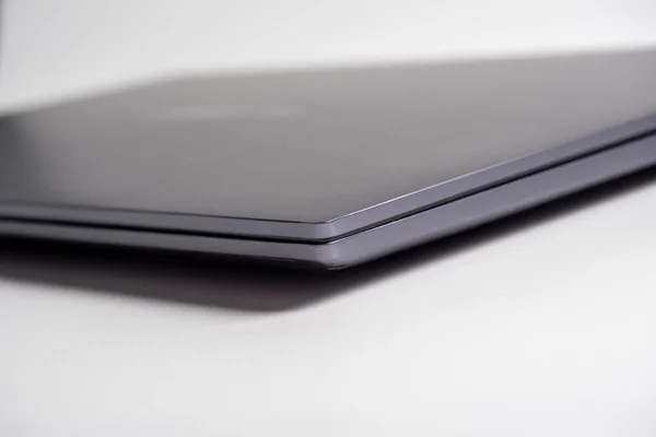 Close Gray Modern Laptop Side View Closed Laptop Selective Focus Stock Photo
