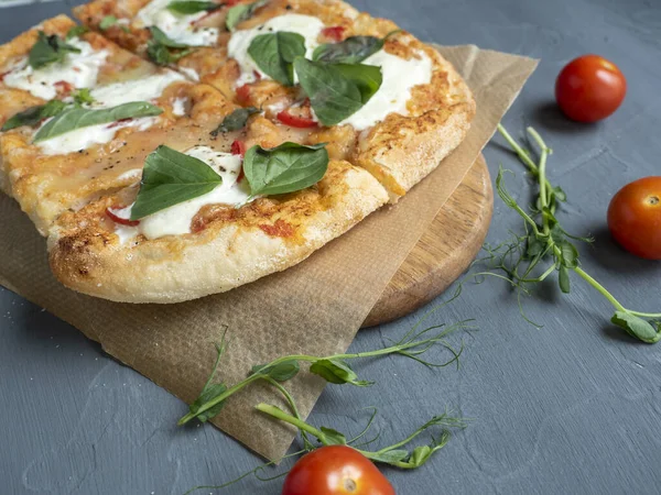 Close Delicious Fresh Crispy Roman Pizza Cheese Herbs Gray Background — Stock Photo, Image