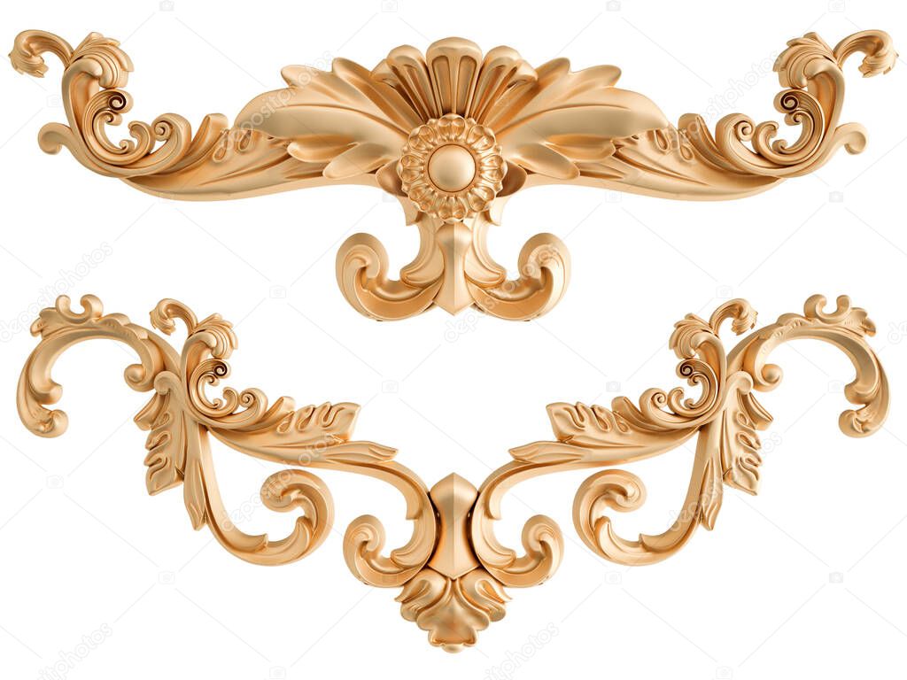 Golden ornamental segments seamless pattern on a white background. luxury carving decoration. Isolated. 3D illustration