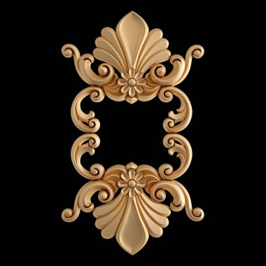 Altın süslemeler, siyah arka planda kusursuz desenler. Lüks oymacılık. İzole edilmiş. 3d illüstrasyon