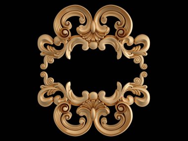 Altın süslemeler, siyah arka planda kusursuz desenler. Lüks oymacılık. İzole edilmiş. 3d illüstrasyon