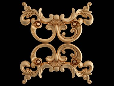 Altın süslemeler, siyah arka planda kusursuz desenler. Lüks oymacılık. İzole edilmiş. 3d illüstrasyon