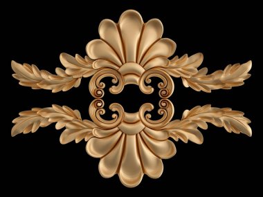 Altın süslemeler, siyah arka planda kusursuz desenler. Lüks oymacılık. İzole edilmiş. 3d illüstrasyon