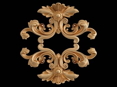 Altın süslemeler, siyah arka planda kusursuz desenler. Lüks oymacılık. İzole edilmiş. 3d illüstrasyon