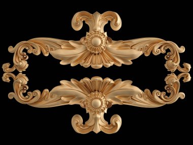 Altın süslemeler, siyah arka planda kusursuz desenler. Lüks oymacılık. İzole edilmiş. 3d illüstrasyon