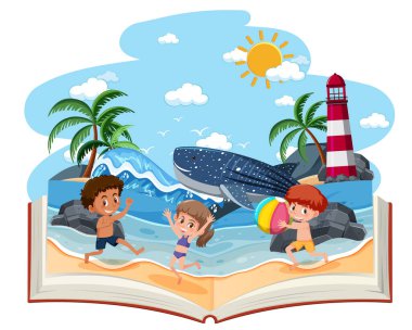 Sahilde mutlu çocukların olduğu açık bir kitap.