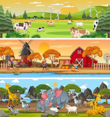 Çizgi film karakteri illüstrasyonuyla gündüz sahnesinde farklı doğa manzarası