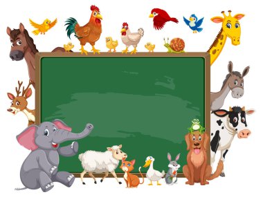 Çeşitli vahşi hayvan resimleriyle dolu boş karatahta