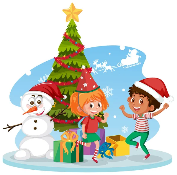 Santa Claus Con Niños Felices Ilustración Del Árbol Navidad — Vector de stock