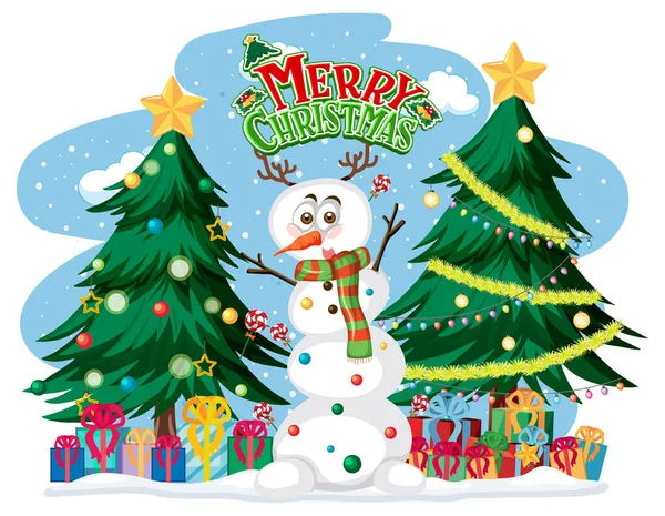 Noel Ağacı Kardan Adam Illüstrasyonlu Mutlu Noeller Metin Logosu — Stok Vektör