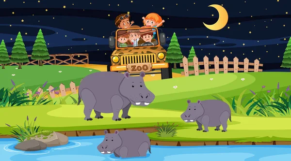 Safari Escena Nocturna Con Muchos Niños Viendo Ilustración Grupo Hipopótamo — Archivo Imágenes Vectoriales