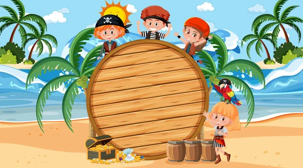 Pirátské Děti Pláži Denní Scéna Prázdným Bannerem Šablony Ilustrace — Stockový vektor