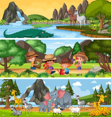 Çizgi film karakteri çizimi ile farklı panoramik doğa manzarası