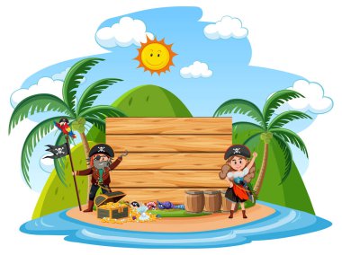 Beyaz arkaplan illüstrasyonunda yaz plajı elementi bulunan boş tahta afiş şablonu