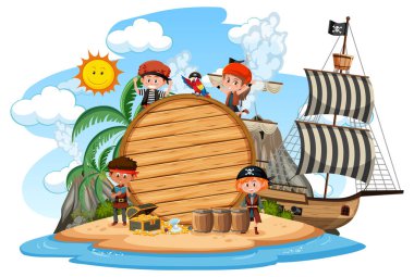 Adada pek çok korsan çocuk boş afiş şablonuyla izole edilmiş resimlerle yaşıyor.