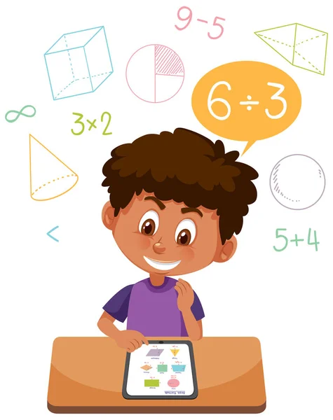 Boy Lärande Matematik Med Hjälp Tablett Illustration — Stock vektor