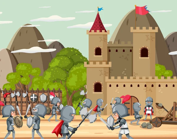 Medieval War Cartoon Scene Illustration — Stock Vector