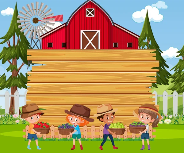 Άδειος Ξύλινος Πίνακας Παιδιά Αγρότη Στην Εικόνα Σκηνή Αγρόκτημα — Διανυσματικό Αρχείο