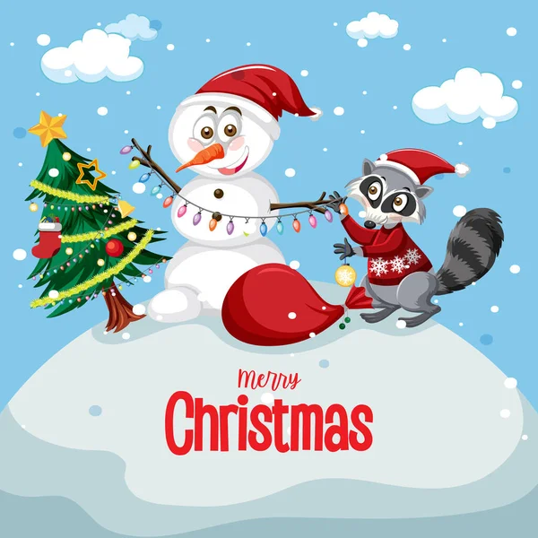 Joyeux Noël Affiche Avec Snowman Illustration Raton Laveur — Image vectorielle