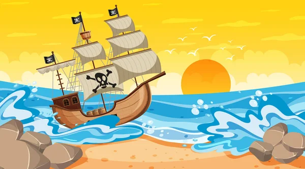 Cena Praia Pôr Sol Com Navio Pirata Ilustração Estilo Cartoon — Vetor de Stock