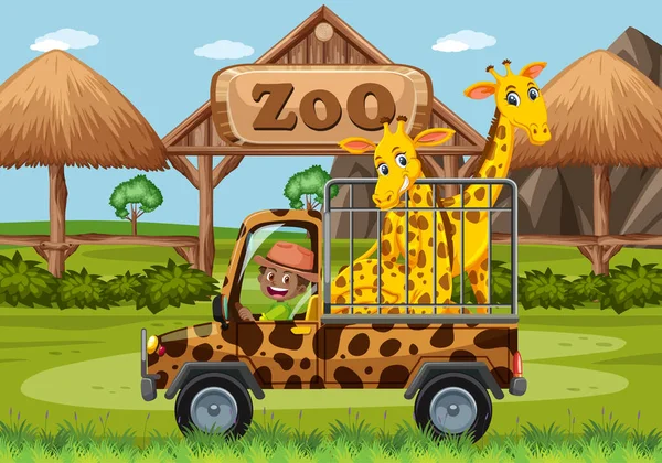 Zoo Escena Con Jirafa Feliz Jaula Coche Ilustración — Archivo Imágenes Vectoriales