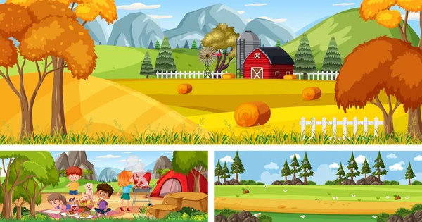 Outdoor Panoramische Landschap Scènes Set Met Cartoon Karakter Illustratie — Stockvector