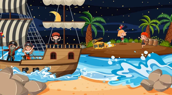 Treasure Island Cena Noite Com Crianças Piratas Ilustração — Vetor de Stock