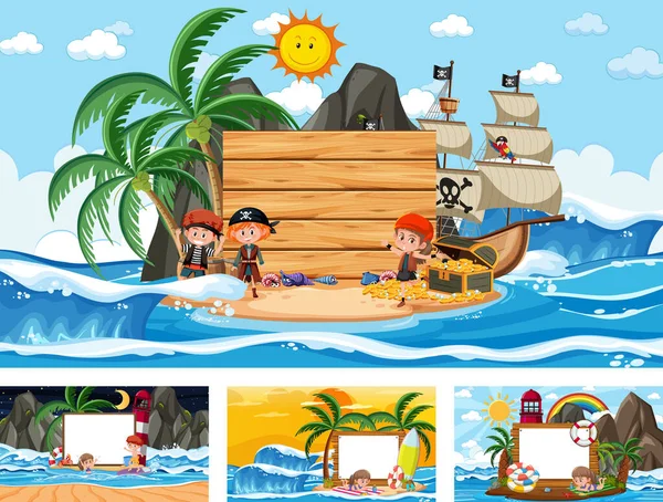 Set Van Lege Banner Verschillende Tropische Strand Scènes Illustratie — Stockvector