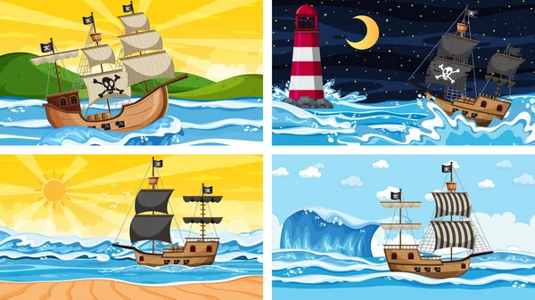 Set Óceán Jelenetek Különböző Időpontokban Kalóz Hajó Rajzfilm Stílusú Illusztráció — Stock Vector