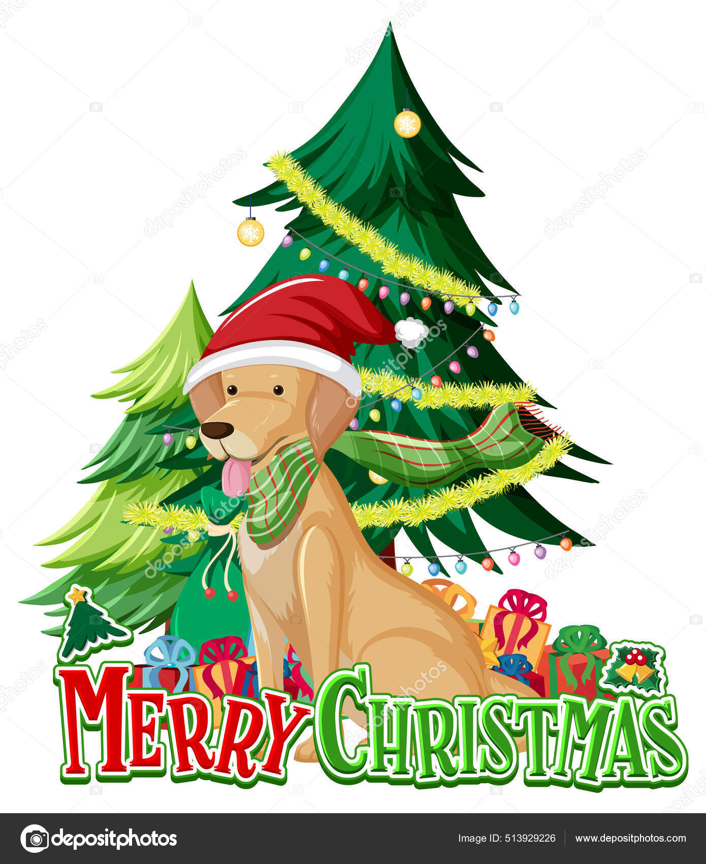 Merry Christmas Font Golden Retriever Dog Christmas Tree Illustration