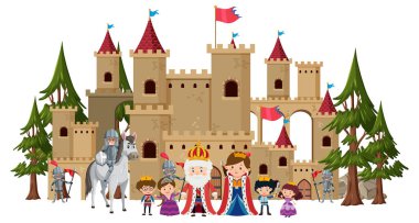 Kale illüstrasyonunun önünde mutlu kraliyet ailesi