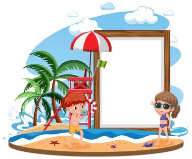 Yaz tatilinde bir sürü çocukla plajdaki izole resimlerin olduğu boş pankart şablonu