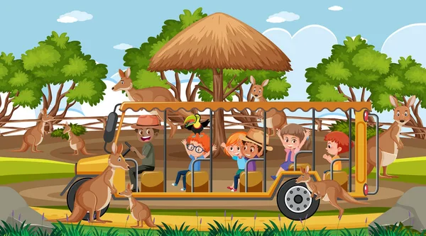 Escena Safari Con Niños Coche Turístico Viendo Ilustración Grupo Canguro — Archivo Imágenes Vectoriales