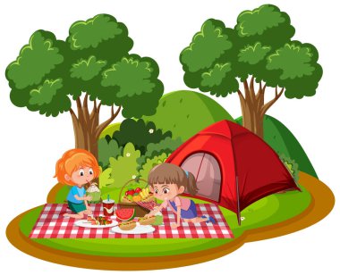 Ormanda kamp yapan kızlar.