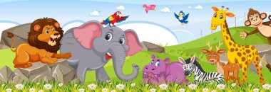 Orman illüstrasyonunda çeşitli vahşi hayvanlarla panorama manzarası