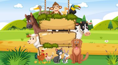 Orman illüstrasyonunda çeşitli vahşi hayvanlarla dolu boş ahşap tahta.