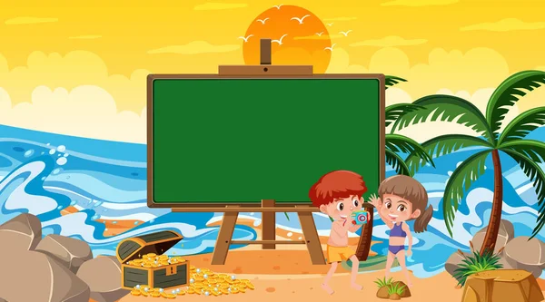 Plantilla Pancarta Vacía Con Niños Vacaciones Playa Ilustración Escena Del — Archivo Imágenes Vectoriales