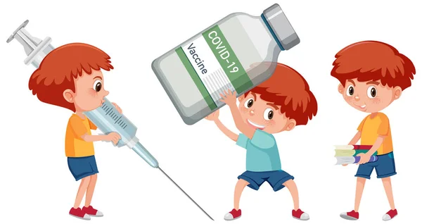 Set Boy Holding Different Objects Vaccine Concept Illustration — Stock Vector