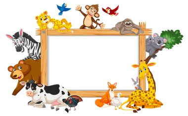 Çeşitli vahşi hayvan resimleriyle dolu boş ahşap çerçeve