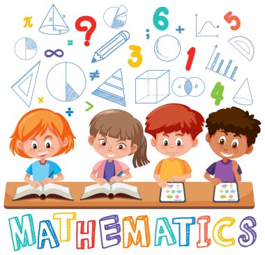Matematik sembolü ve ikon illüstrasyonuyla matematik öğrenen çocuklar