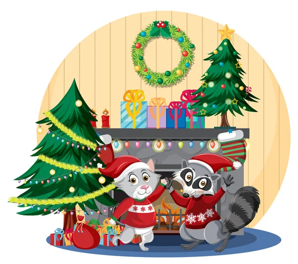 Fireplace Cute Animals Christmas Decorations Illustration — Stock Vector