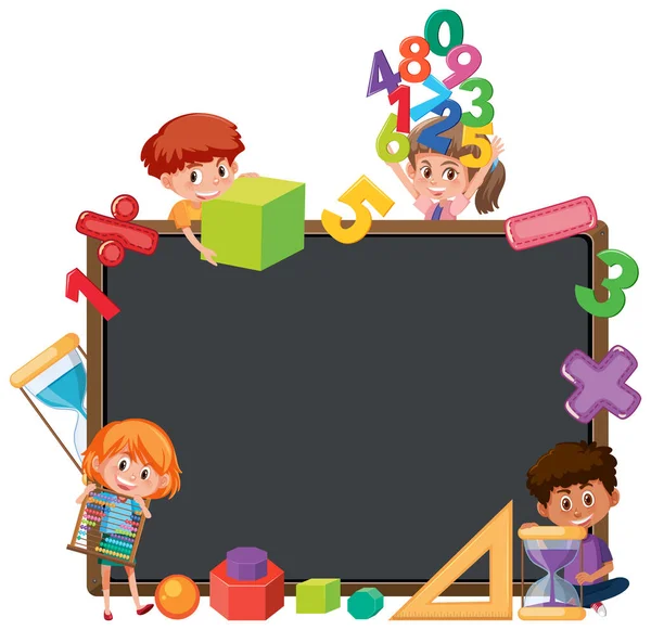 Κενός Πίνακας Παιδιά Σχολείο Και Μαθηματικά Αντικείμενα Εικονογράφηση — Διανυσματικό Αρχείο