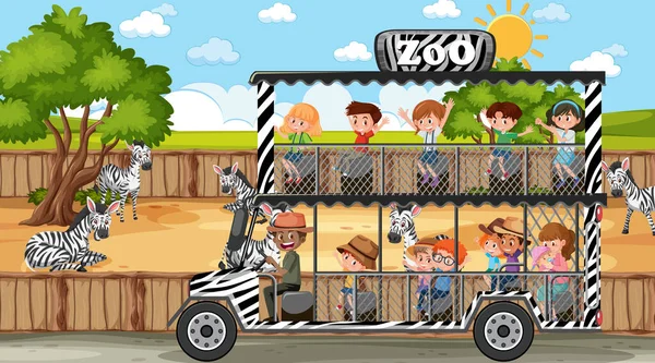 Safari Dzień Sceny Wieloma Dziećmi Oglądającymi Ilustrację Grupy Zebra — Wektor stockowy