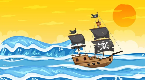 Океан Пиратским Кораблем Закате Иллюстрации Стиле Мультфильма — стоковый вектор