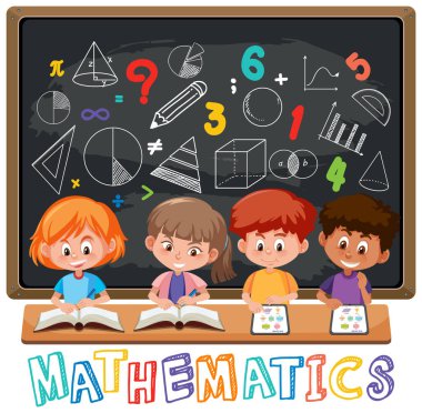 Matematik sembolü ve ikon illüstrasyonuyla matematik öğrenen çocuklar