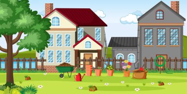 Evlerin önündeki resimli bahçe manzarası.