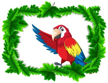 Tropikal yapraklı boş afiş çerçeve ve papağan kuşu çizgi film karakteri çizimi