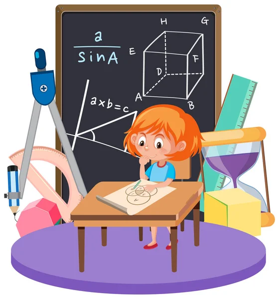 Mädchen Lernen Mathe Mit Mathe Symbol Und Symbol Illustration — Stockvektor