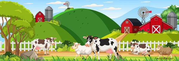 Farm Horizontális Táj Jelenet Haszonállatok Illusztráció — Stock Vector