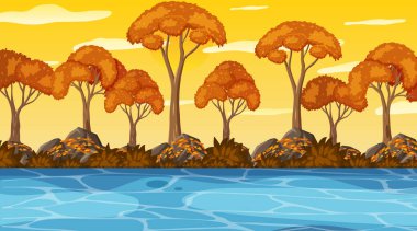 Gün batımında nehir resimleriyle boş park manzarası